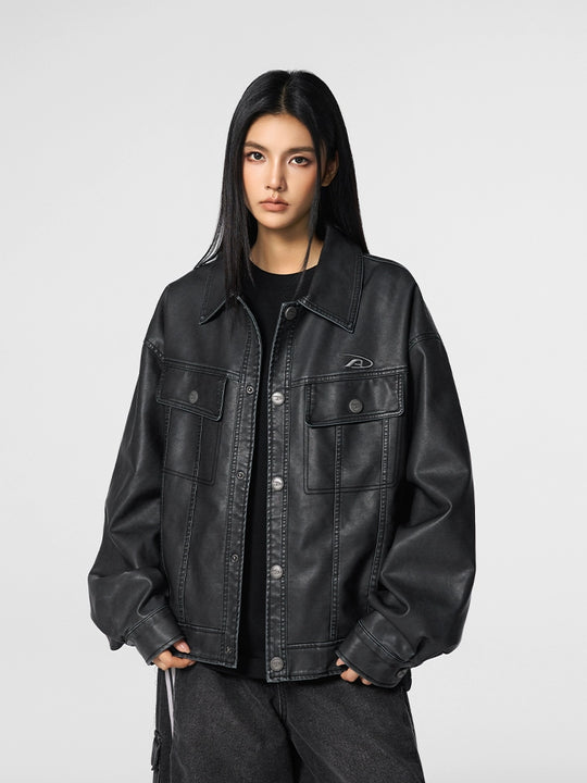 Achock Washed Leather Denim Jacket | Face 3 Face