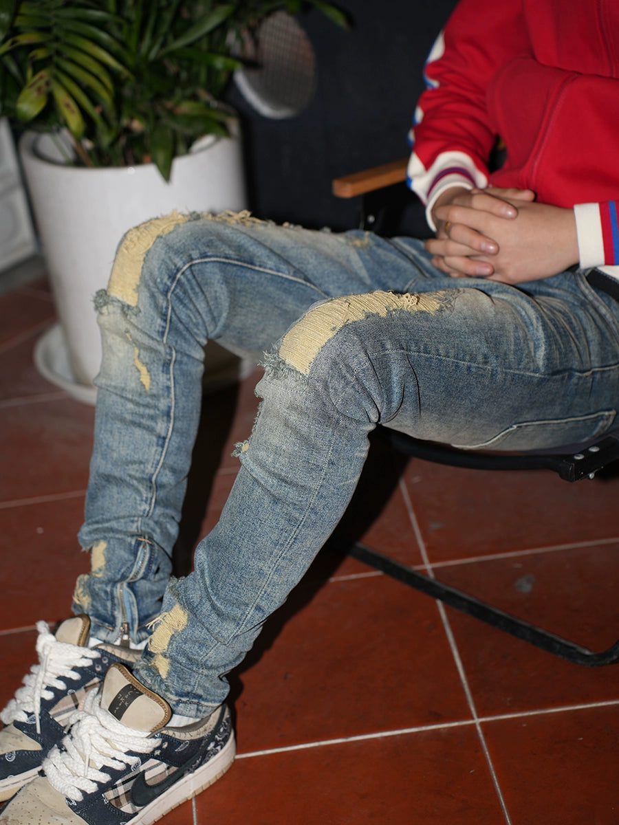 TGFCLUB Heavy Distressed Hem Zipper Slim Fit Jeans | Face 3 Face