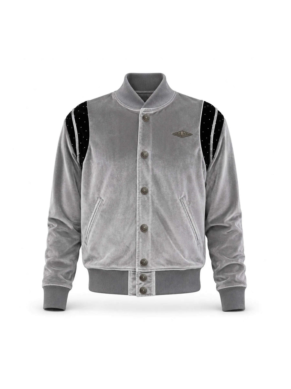 KARMANISTIC Metal Logo Badge Velvet Varsity Jacket | Face 3 Face