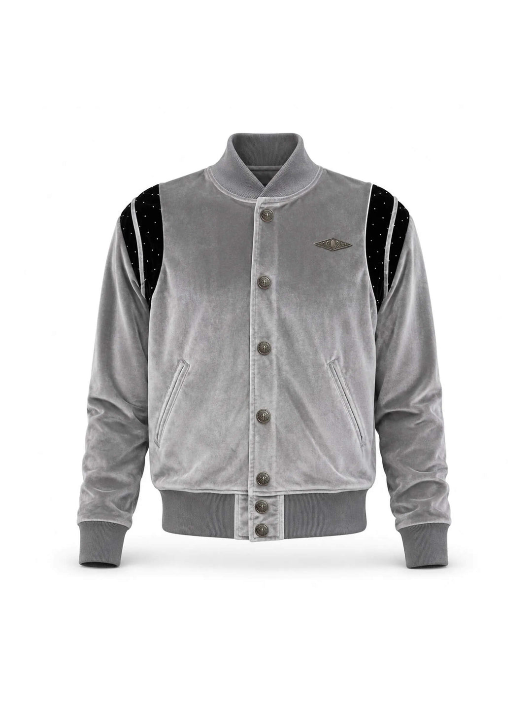KARMANISTIC Metal Logo Badge Velvet Varsity Jacket | Face 3 Face