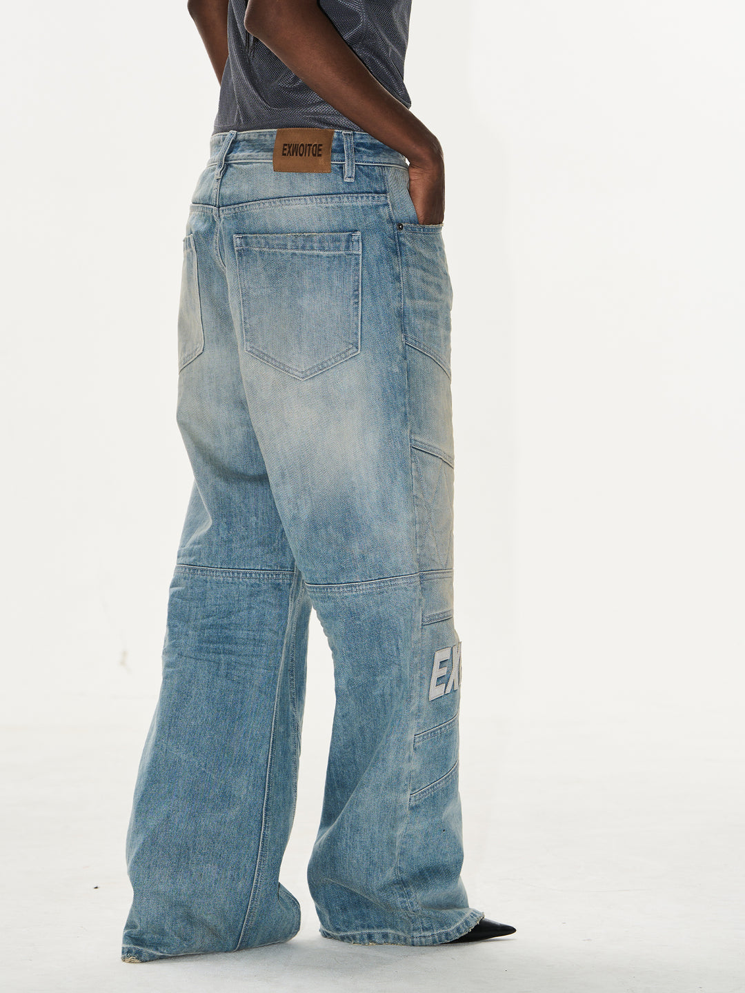 BLIND NO PLAN Washed Biker Patchwork Leather Embroidered Baggy Jeans | Face 3 Face