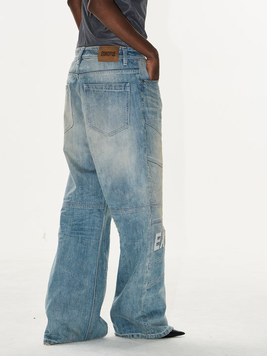 BLIND NO PLAN Washed Biker Patchwork Leather Embroidered Baggy Jeans | Face 3 Face