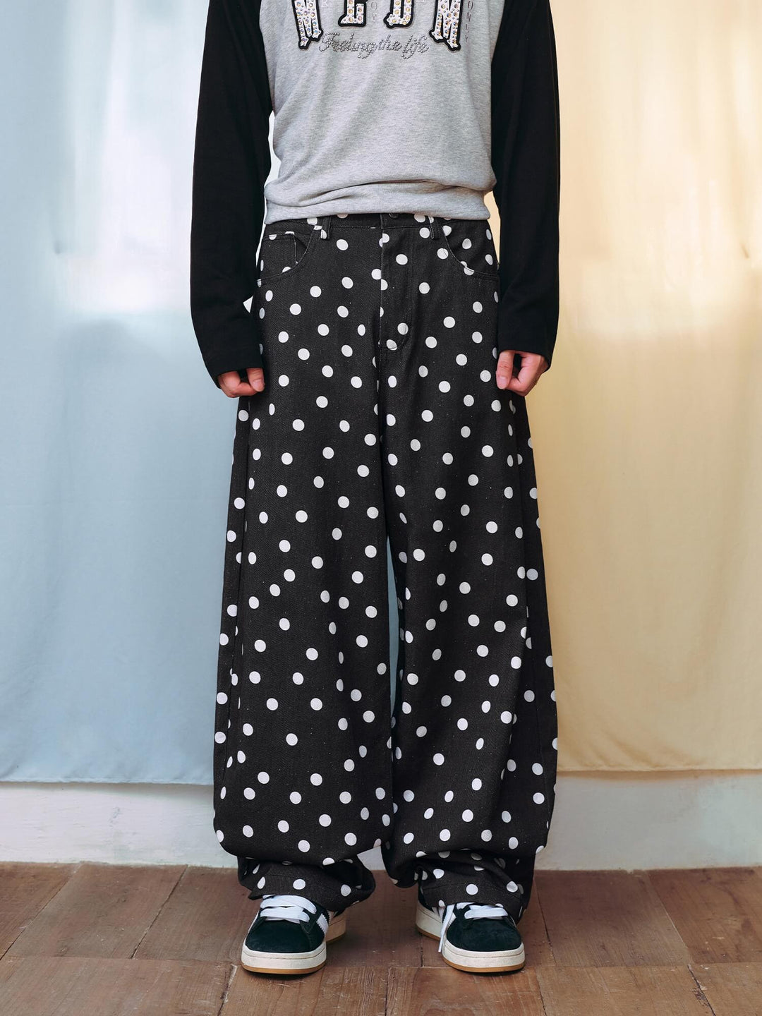 MEDM All Over Polka Dot Print Curved Baggy Pants | Face 3 Face