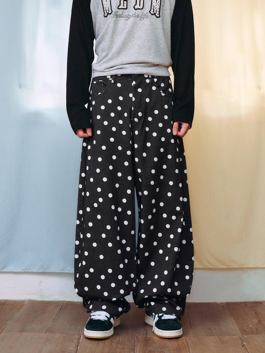 MEDM All Over Polka Dot Print Curved Baggy Pants | Face 3 Face
