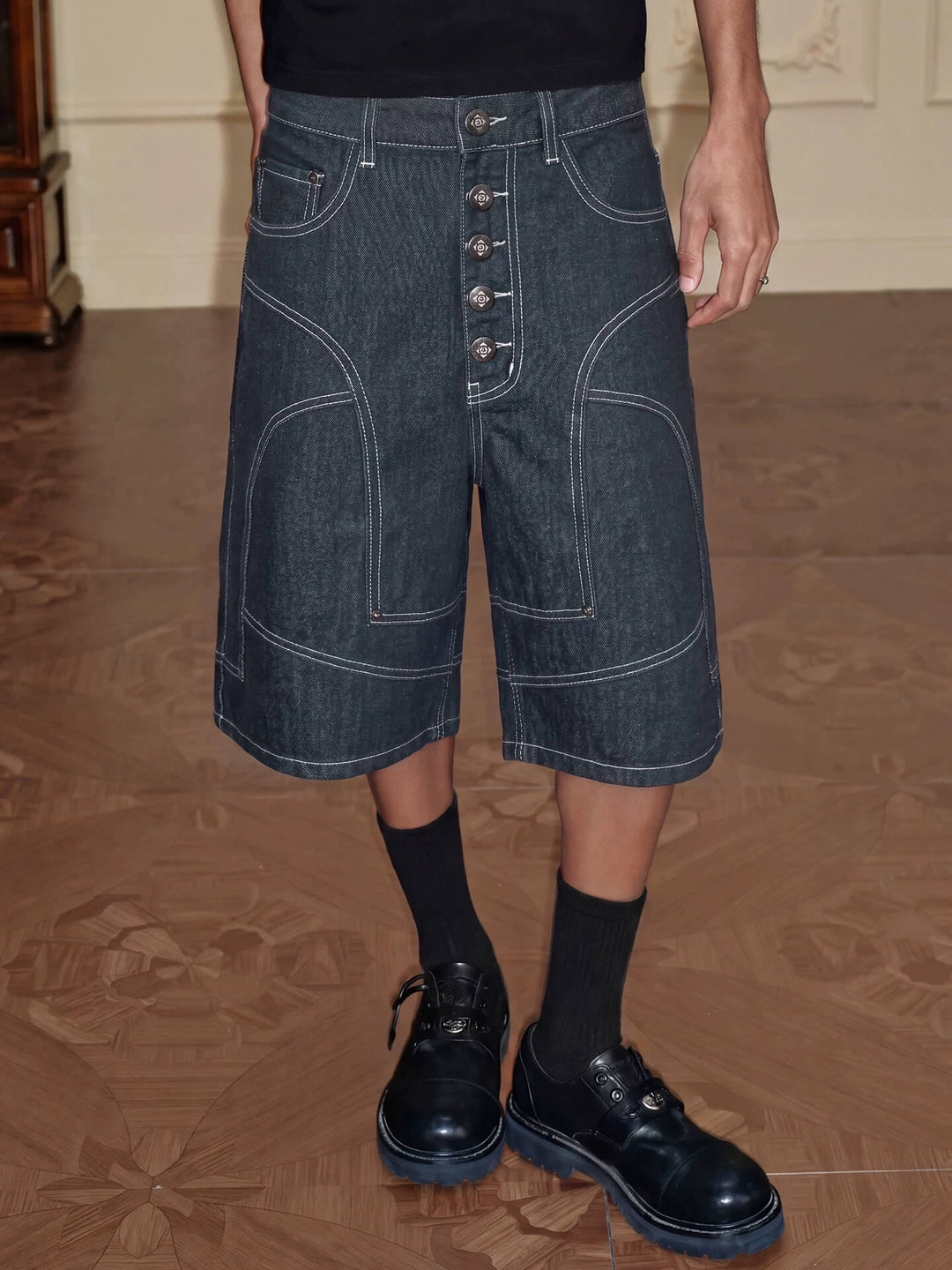 YADcrew Cross Motif Button Paneled Denim Shorts | Face 3 Face