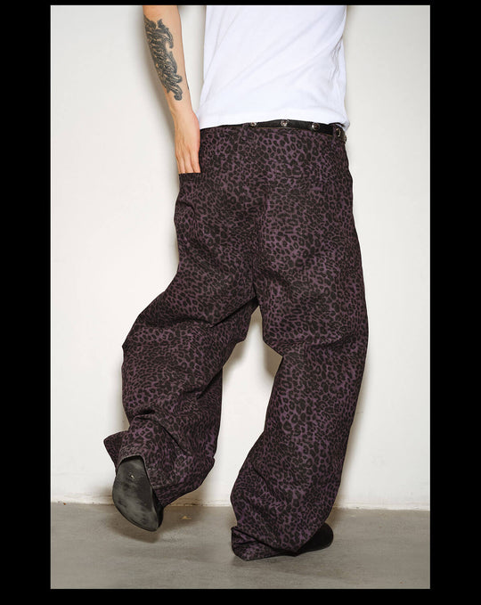 NOVACAM Purple Leopard Print Curved Baggy Pants | Face 3 Face