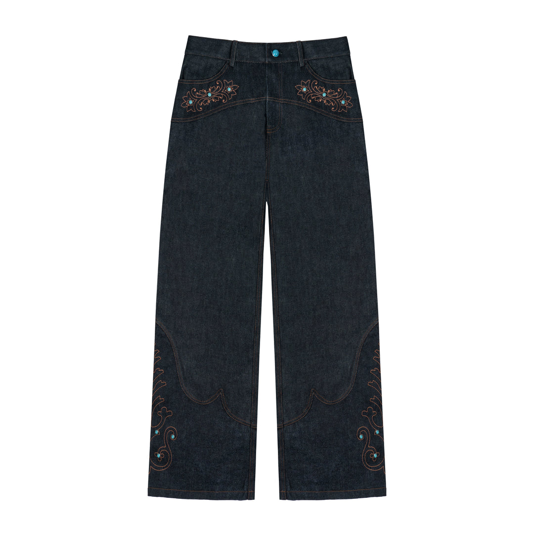 ANTIDOTE Turquoise Studded Embroidered Western Jeans | Face 3 Face