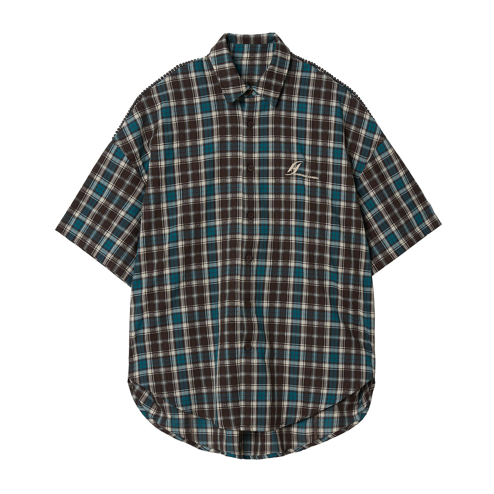 JHYQ Beaded Shoulder Plaid Short Sleeve Shirt