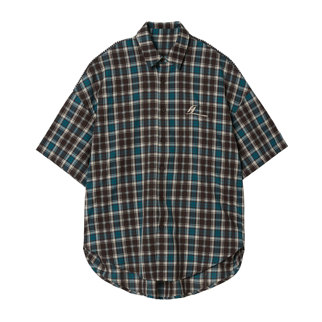 JHYQ Beaded Shoulder Plaid Short Sleeve Shirt