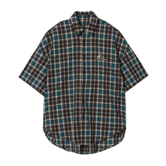 JHYQ Beaded Shoulder Plaid Short Sleeve Shirt