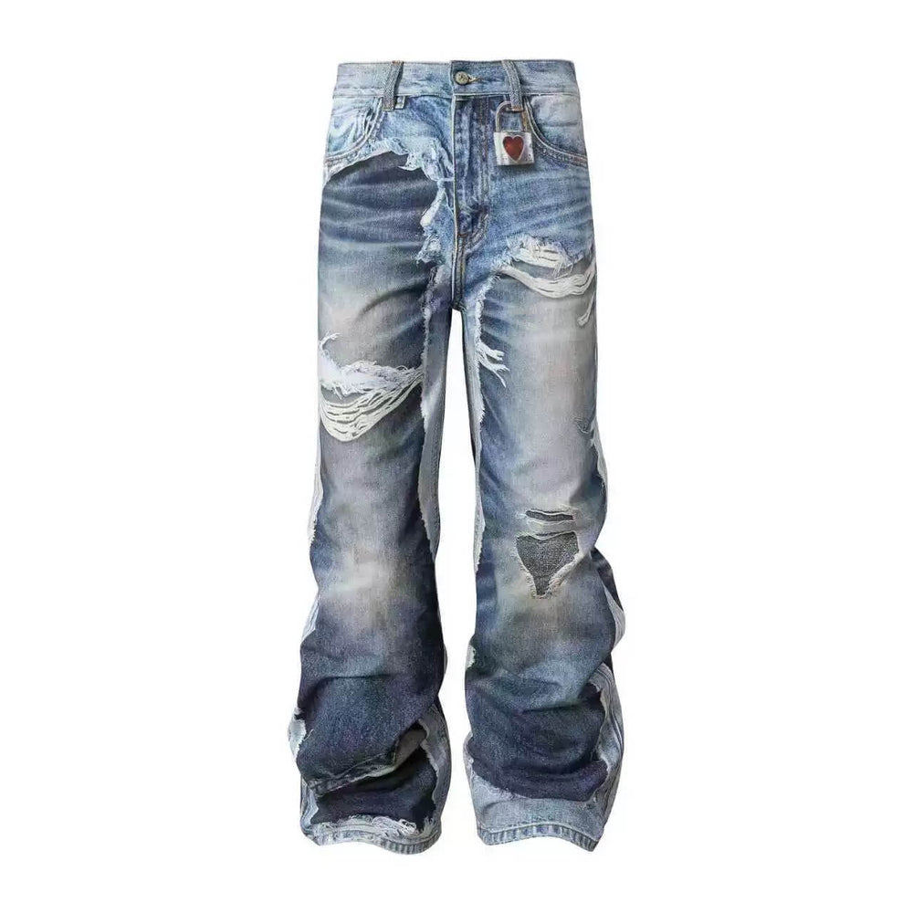 YADcrew Vintage Distressed Denim Print Loose Fit Wide Leg Jeans | Face 3 Face