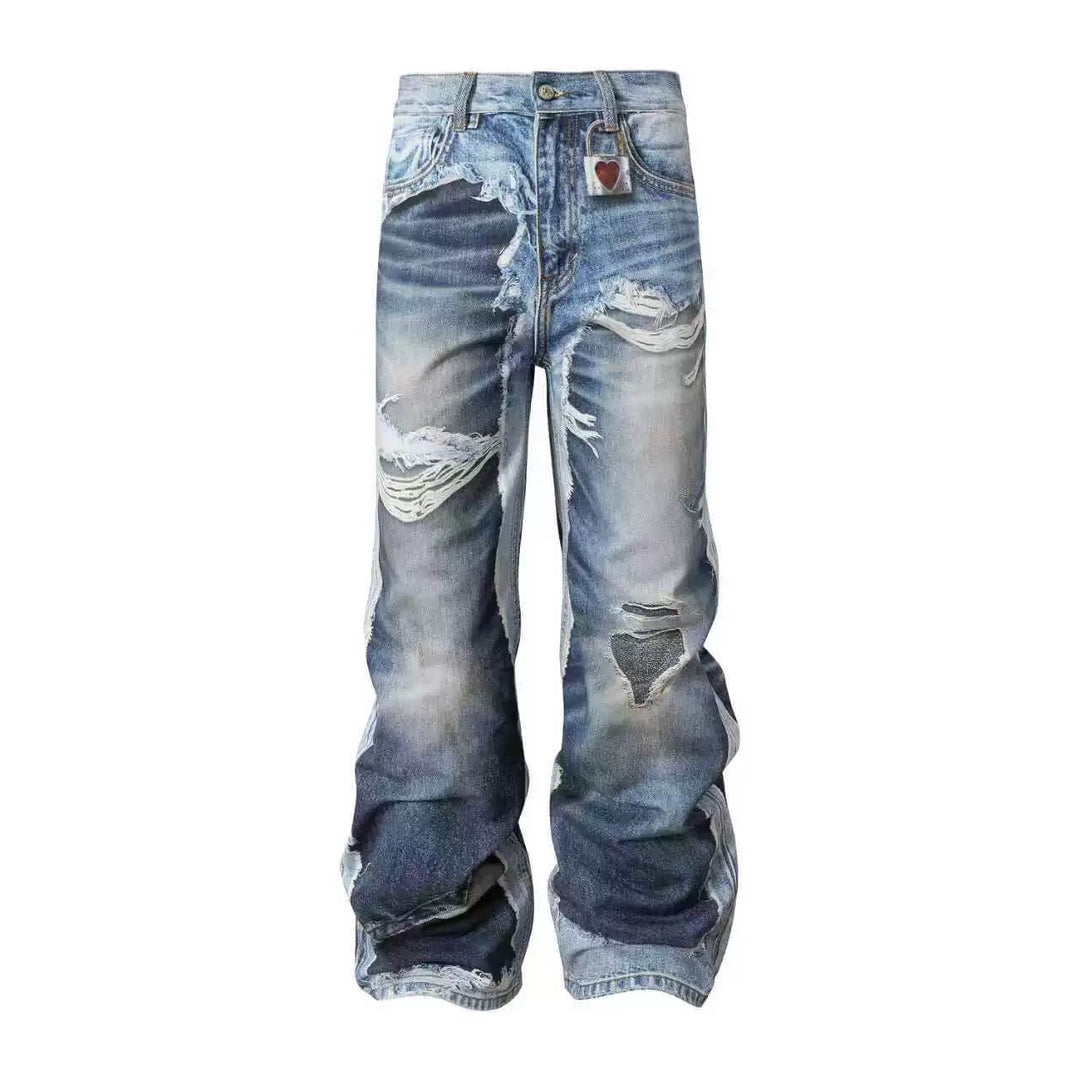 YADcrew Vintage Distressed Denim Print Loose Fit Wide Leg Jeans | Face 3 Face
