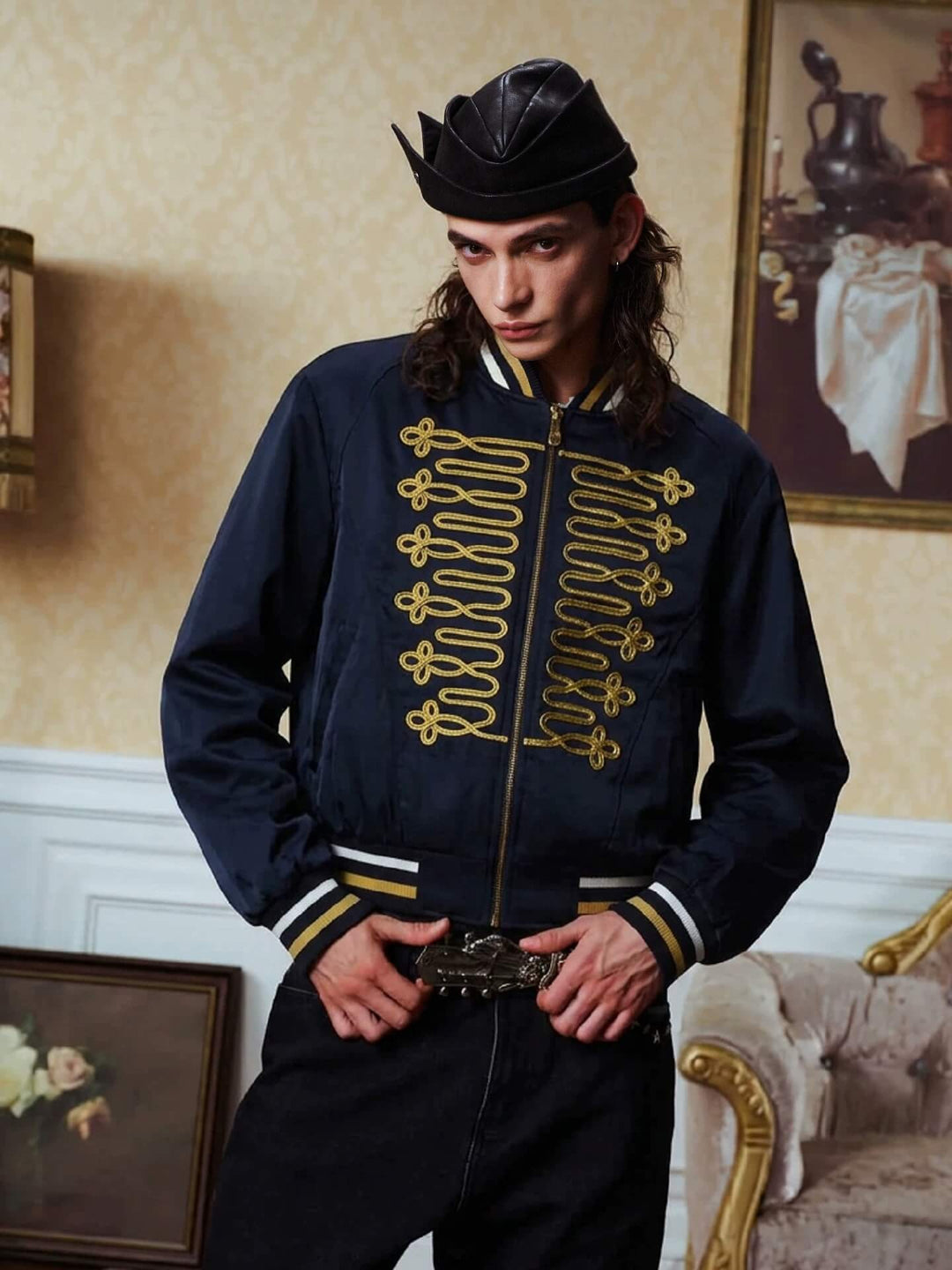 YADcrew Napoleon Braid Embroidered Shiny Bomber Jacket | Face 3 Face