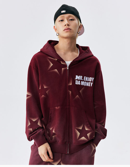 MEDM Washed Star All Over Print Zip Up Hoodie | Face 3 Face