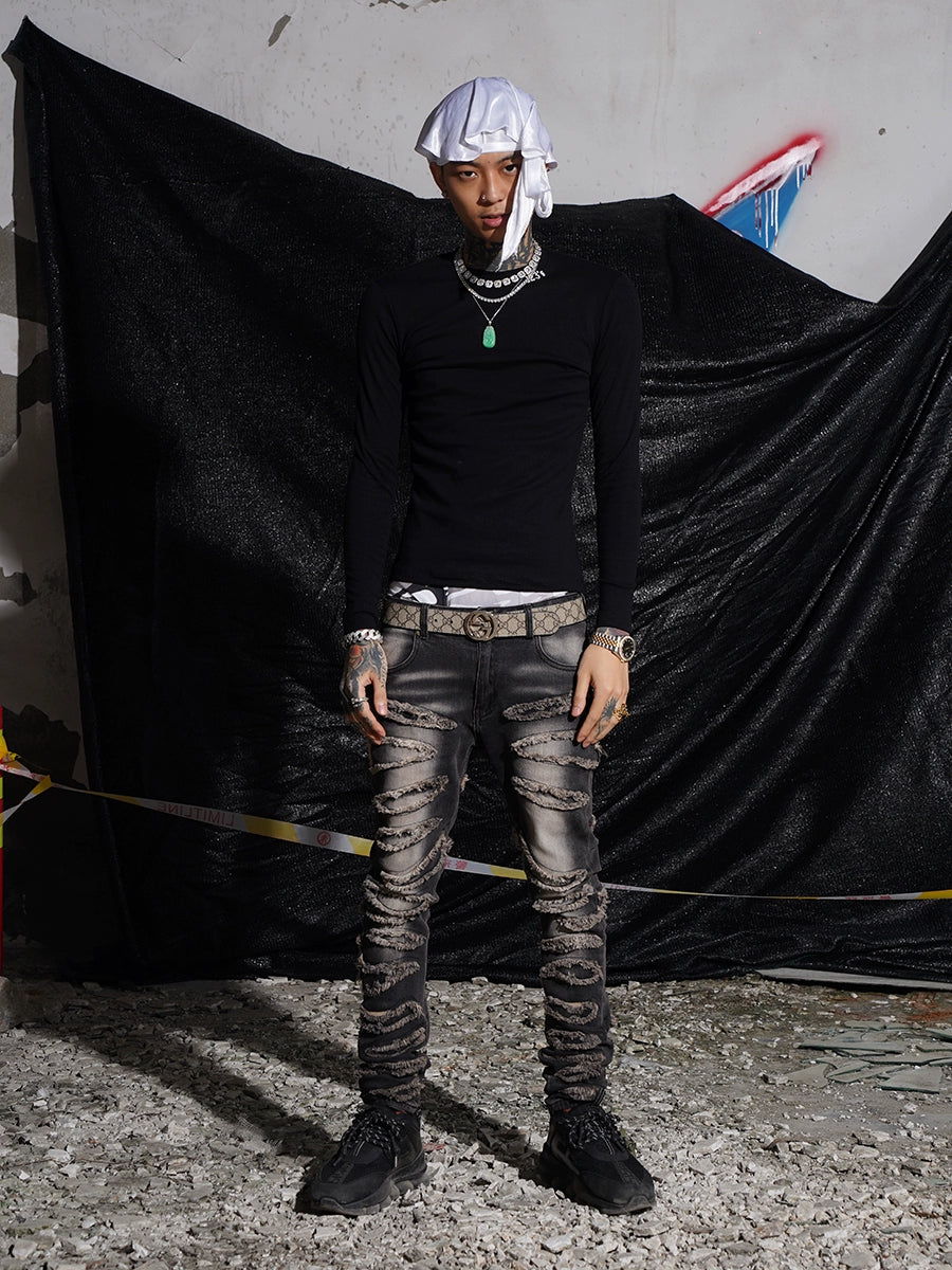 TGFCLUB 223 Neck Embroidered Stretch Slim Long Sleeve Tee | Face 3 Face