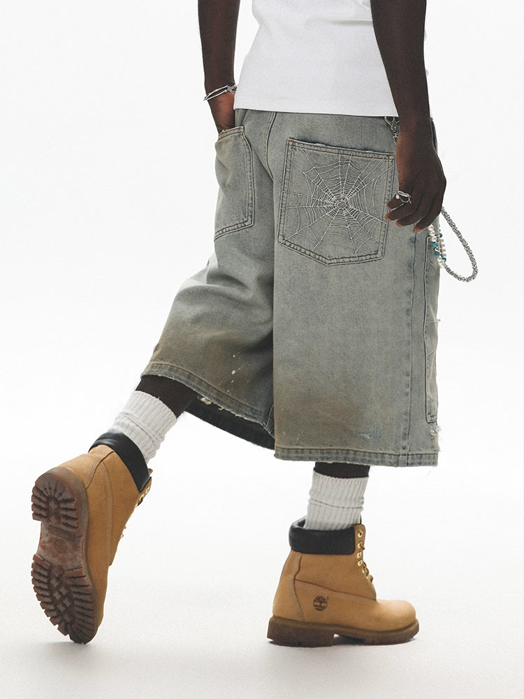 UNTILWERICH Spiderweb Embroidered Washed Distressed Denim Shorts | Face 3 Face