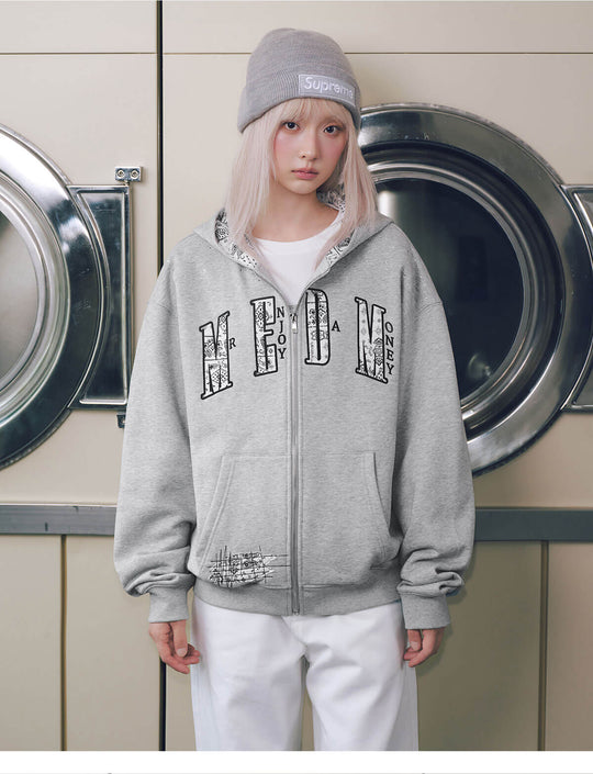 MEDM Paisley Hood Lining Rhinestone Embellished Zip Up Hoodie | Face 3 Face