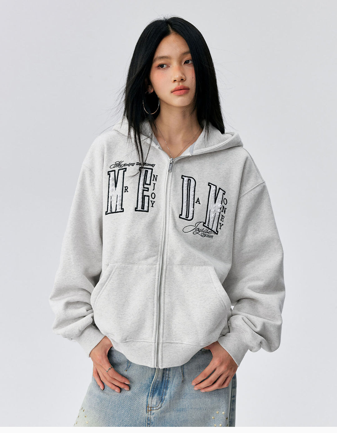 MEDM Pearl Logo Embellished Zip Up Hoodie | Face 3 Face
