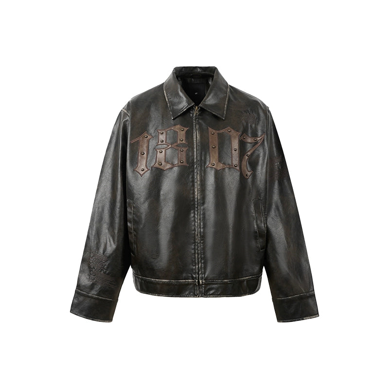 1807 Embroidery Patch Studs Leather Jacket | Face 3 Face