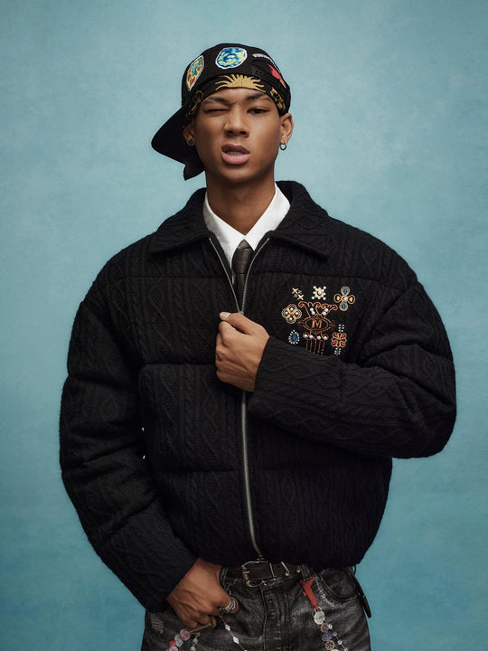 YADcrew x MEDM Cable Knit Pearl Embroidered Puffer Jacket | Face 3 Face