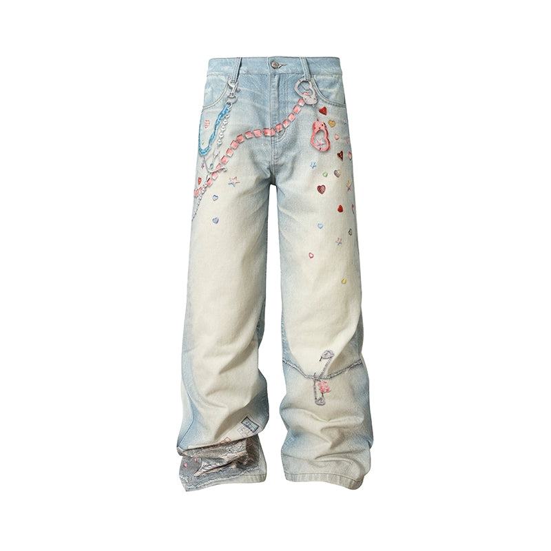 YADcrew Cute Heart Photorealistic Print Jeans | Face 3 Face