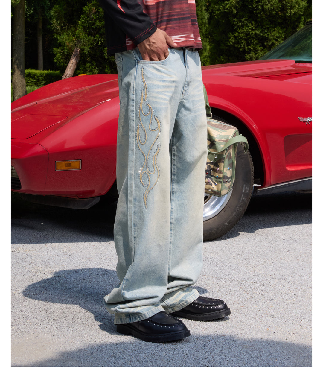 S45 Flame Sequined Embroidery Washed Jeans | Face 3 Face