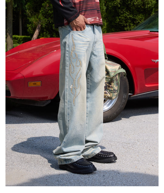 S45 Flame Sequined Embroidery Washed Jeans | Face 3 Face