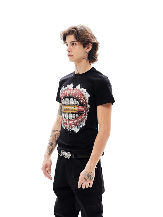 KARMANISTIC Lips Graphic Rhinestone Short Sleeve Tee | Face 3 Face