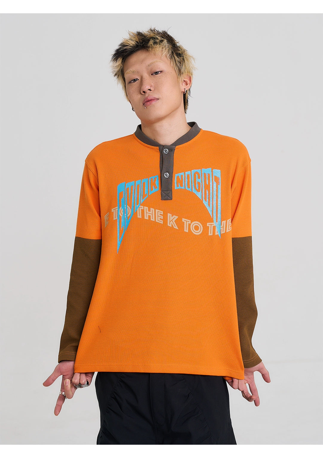 EVILKNIGHT(EK) Color Block Waffle Henley Long Sleeve Tee | Face 3 Face