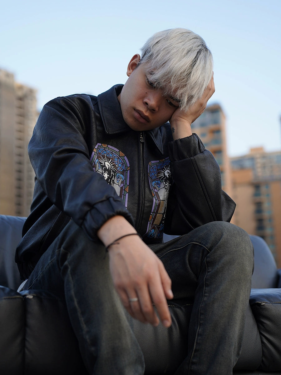 TGFCLUB Embroidered Printed PU Leather Jacket | Face 3 Face