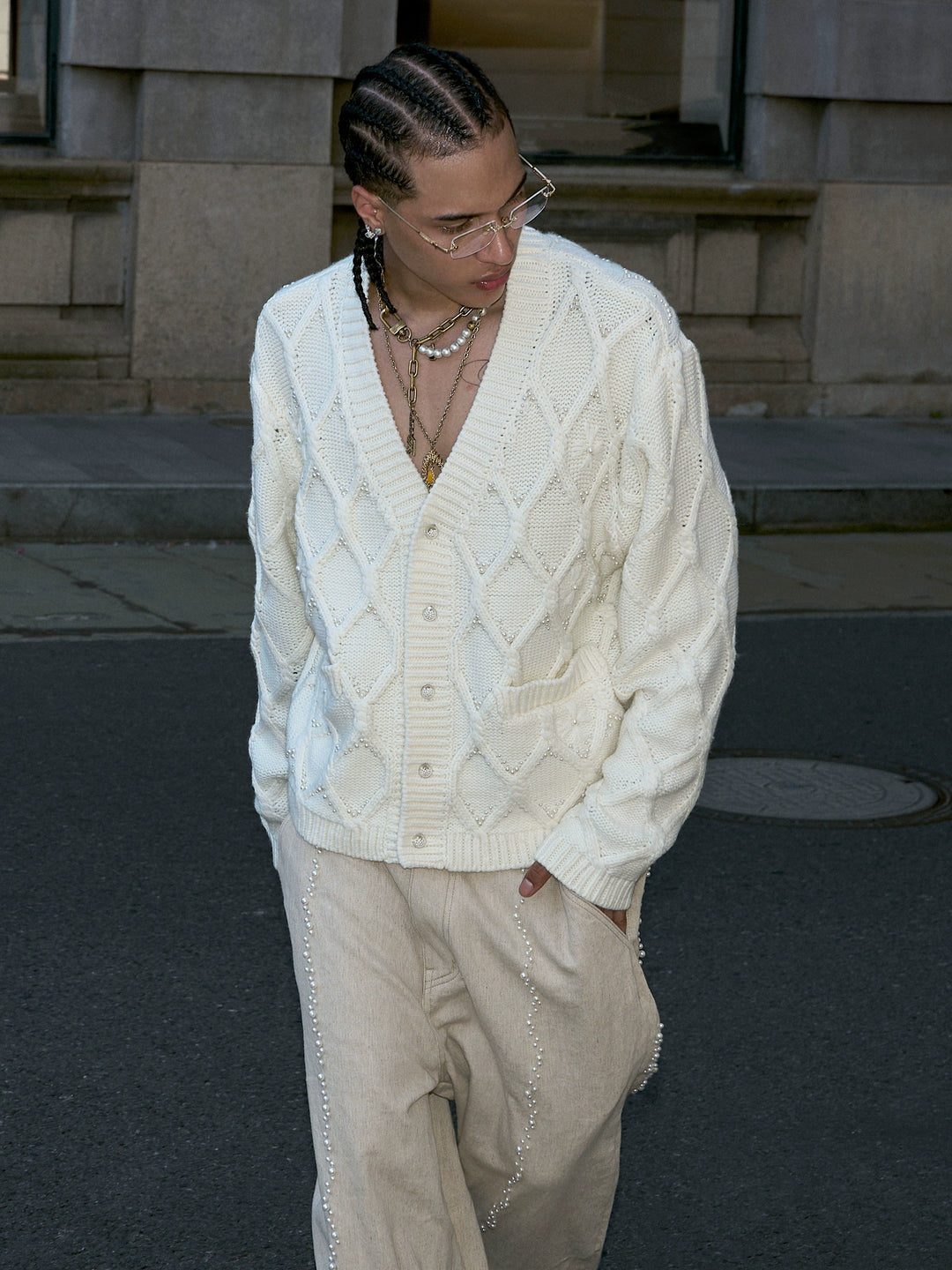 STEEPC Wool Blend Diamond Cable Knit Pearl Cardigan | Face 3 Face