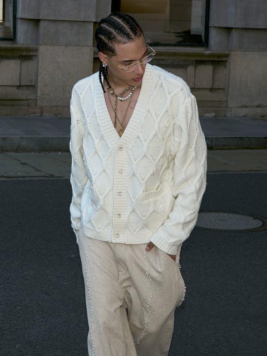 STEEPC Wool Blend Diamond Cable Knit Pearl Cardigan | Face 3 Face