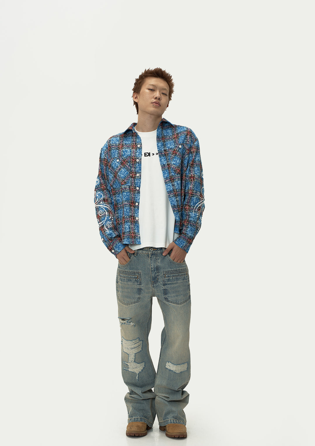 EVILKNIGHT(EK) Floral Embroidered Plaid Long Sleeve Shirt | Face 3 Face