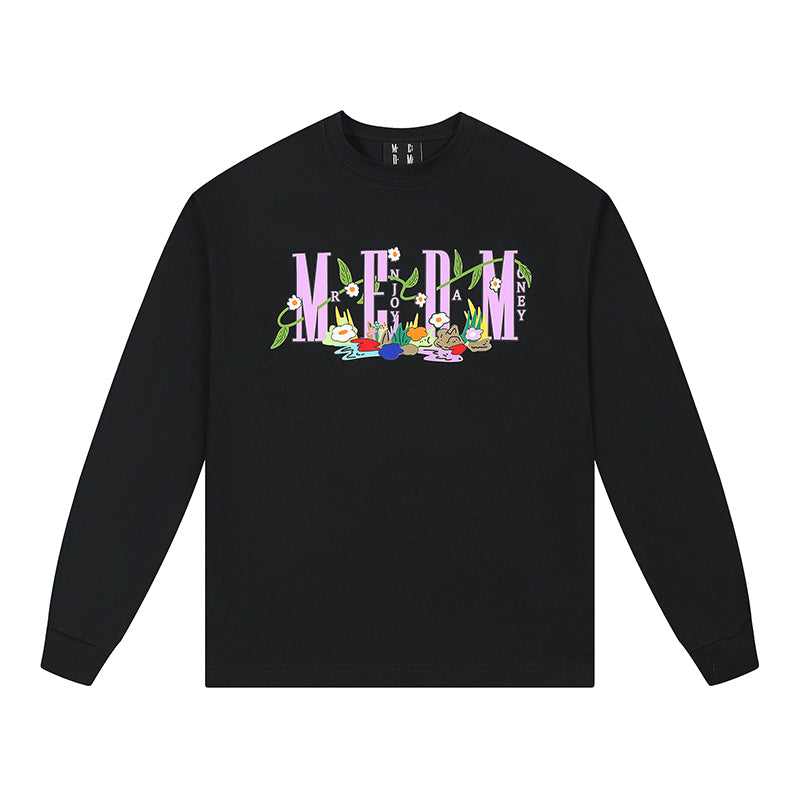 MEDM Embroidered Flowers Letters Long Sleeved Tee