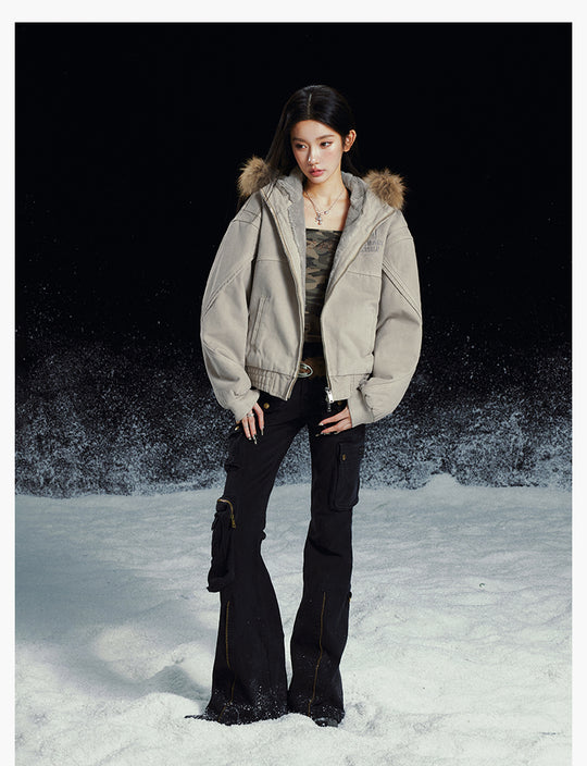 MEDM Removable Fur-Hooded Washed Work Jacket | Face 3 Face