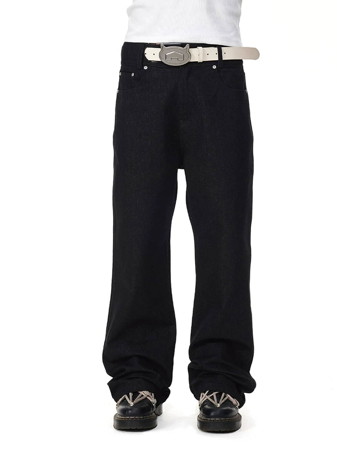 EVILKNIGHT(EK) Perforated Waistband Black Denim Jeans