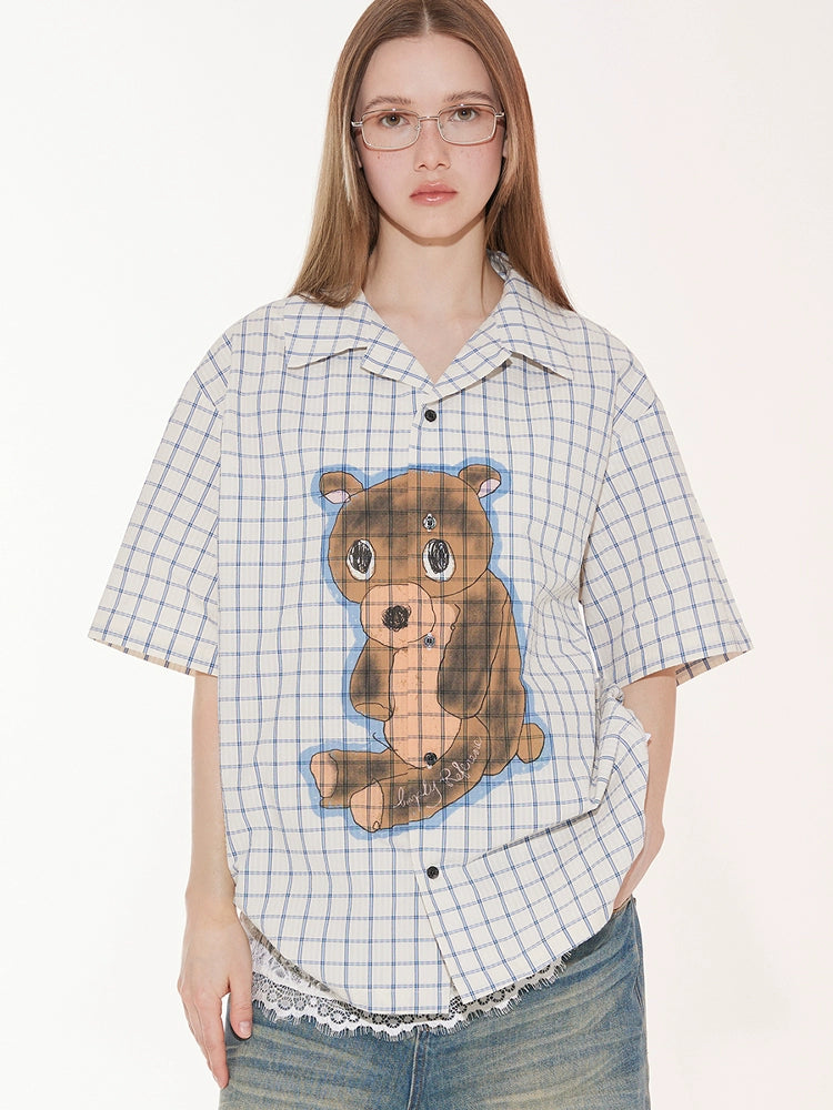 EMPTY REFERENCE Hand Painted Bear Print Plaid Short Sleeve Shirt | Face 3 Face