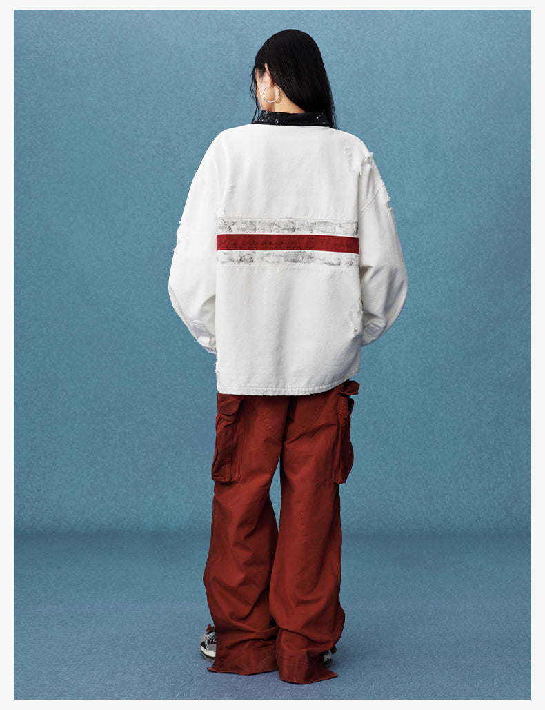 MEDM Asymmetric Collar Stripes Long Sleeve Polo | Face 3 Face