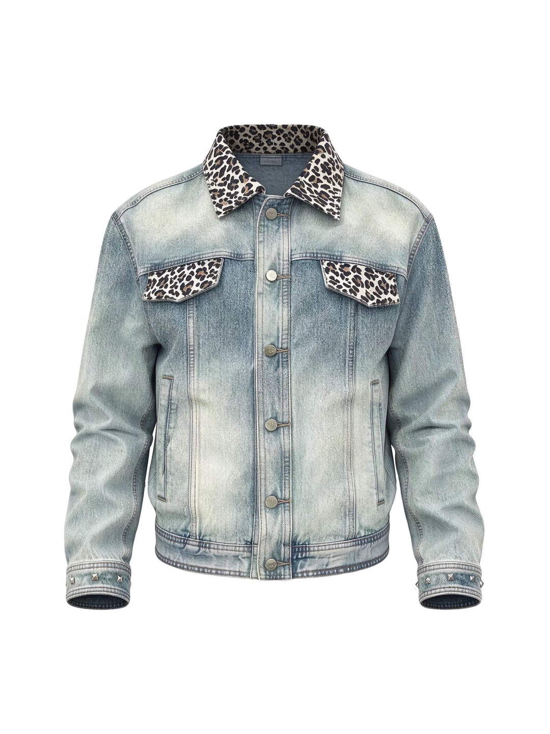 KARMANISTIC Leopard Print Collar Pocket Flap Washed Denim Jacket | Face 3 Face