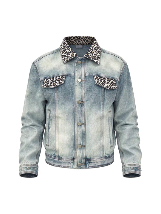 KARMANISTIC Leopard Print Collar Pocket Flap Washed Denim Jacket | Face 3 Face