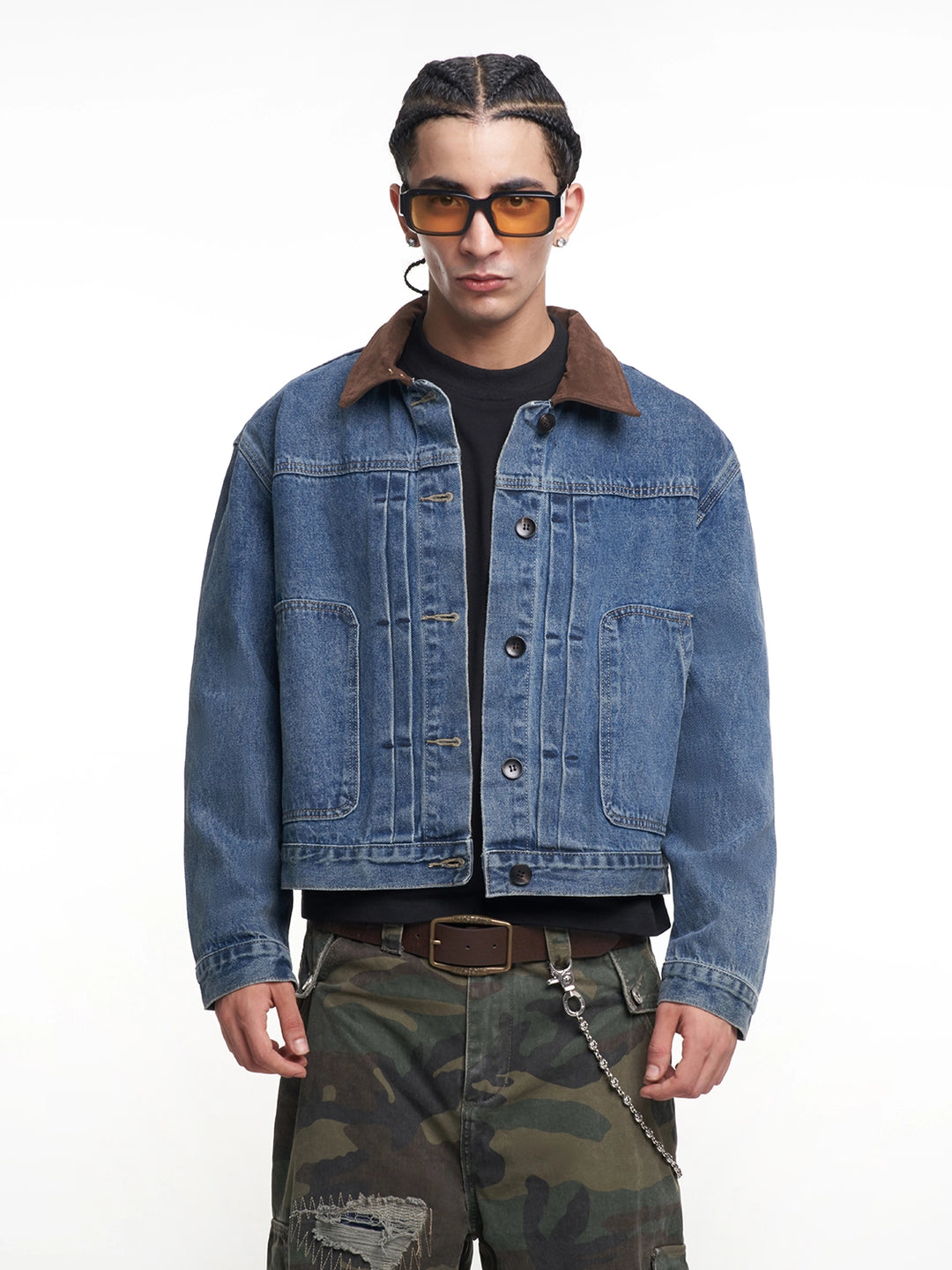 F3F Select Suede Lapel Washed Denim Jacket | Face 3 Face
