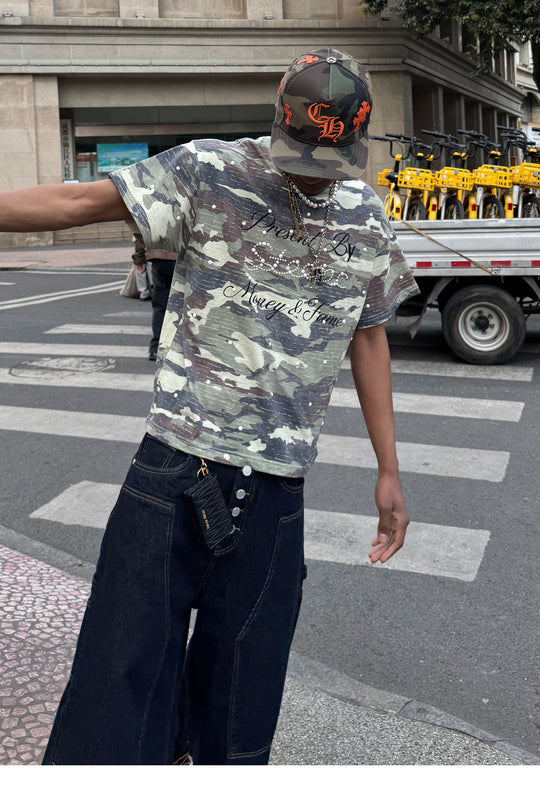 STEEPC Aged Forest Camo Pearl Embellished Print Tee | Face 3 Face