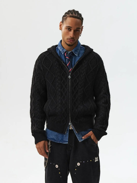 MEDM Hooded Cable Knit Zip Up Cardigan | Face 3 Face