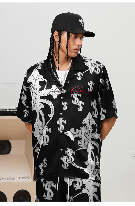 Small Town Kid Monogram Cross Logo Satin Cuban Shirt Set | Face 3 Face