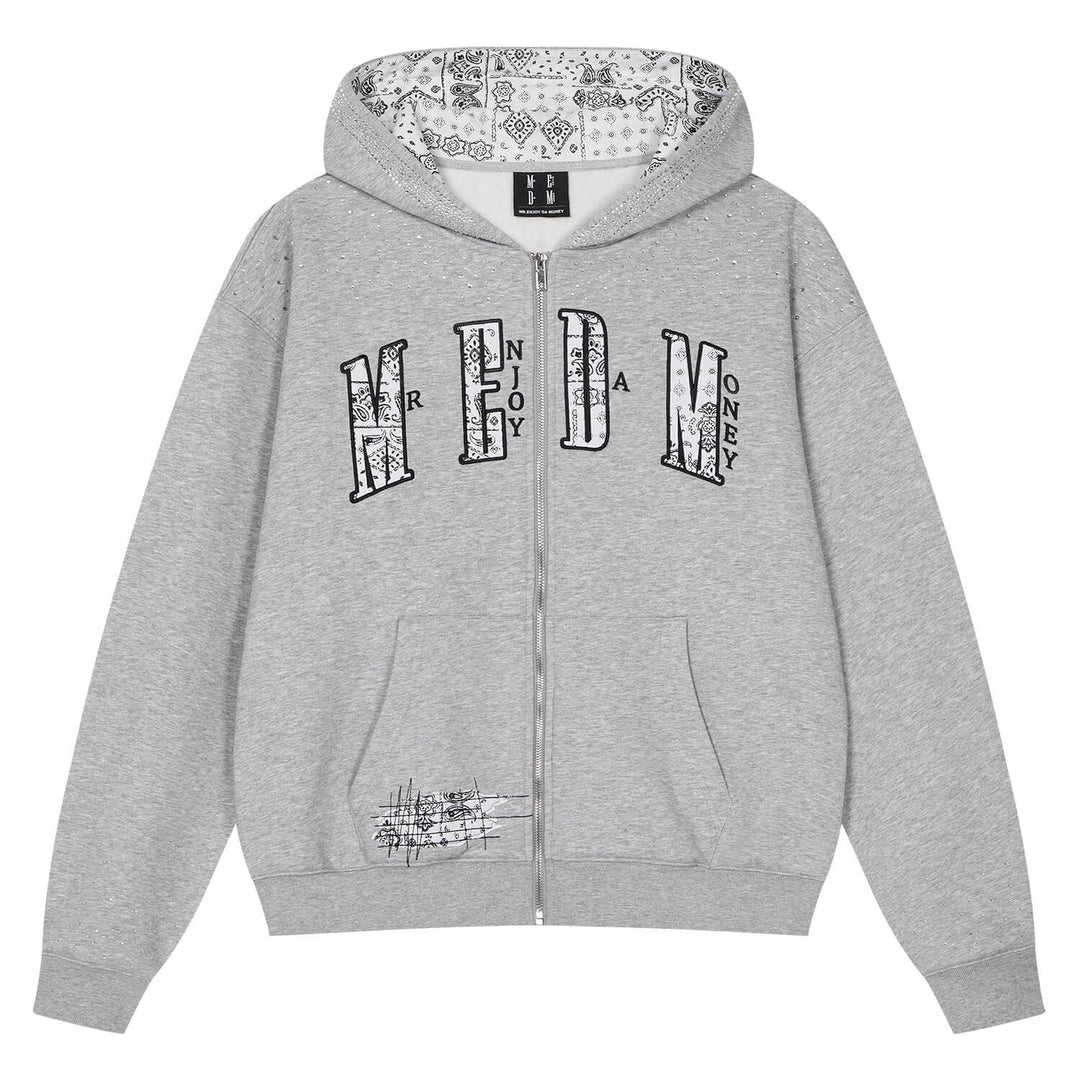 MEDM Paisley Hood Lining Rhinestone Embellished Zip Up Hoodie | Face 3 Face
