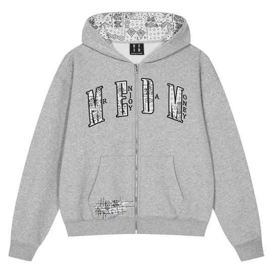 MEDM Paisley Hood Lining Rhinestone Embellished Zip Up Hoodie | Face 3 Face