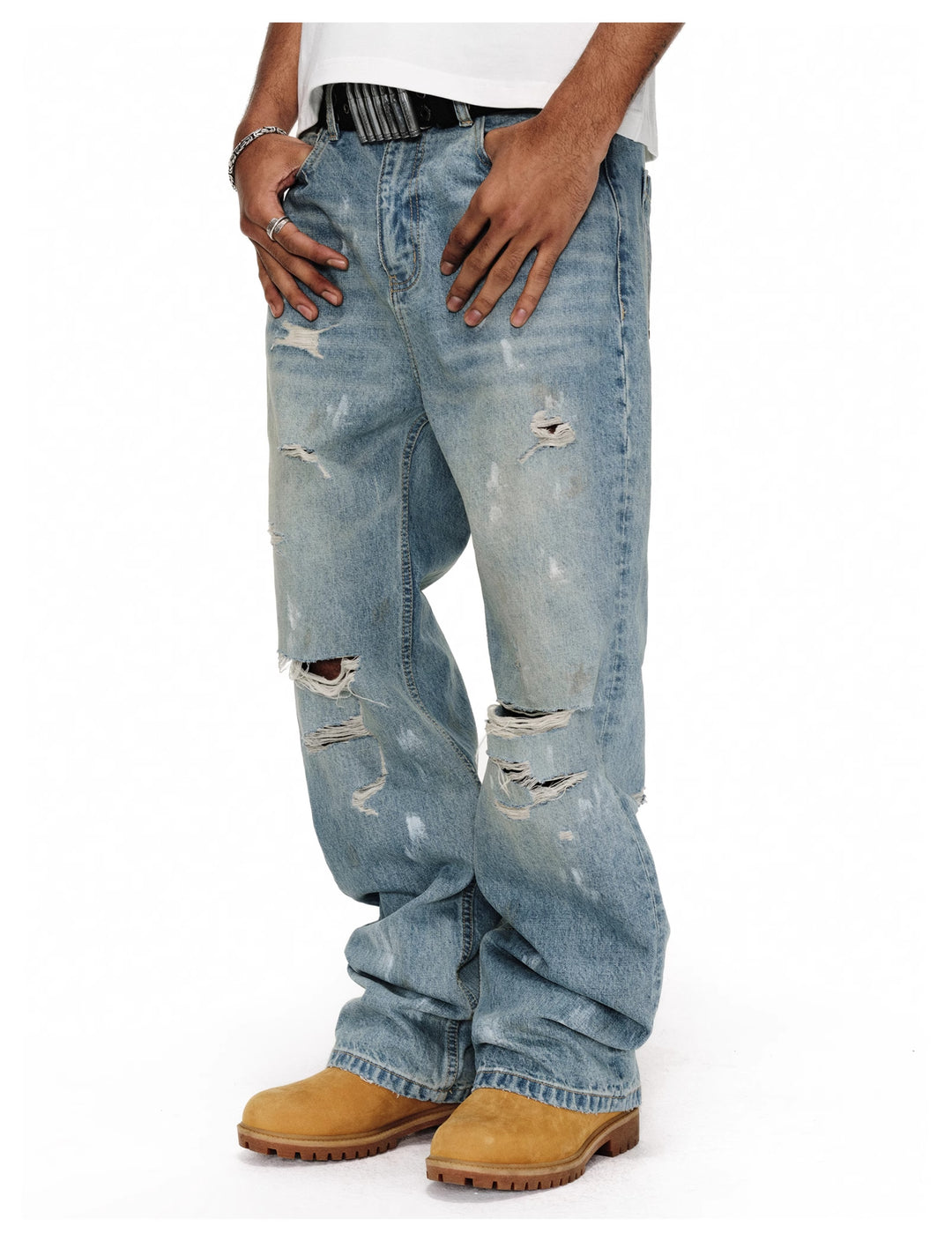 ANTIDOTE Washed Ripped Holes Light Blue Flared Jeans | Face 3 Face