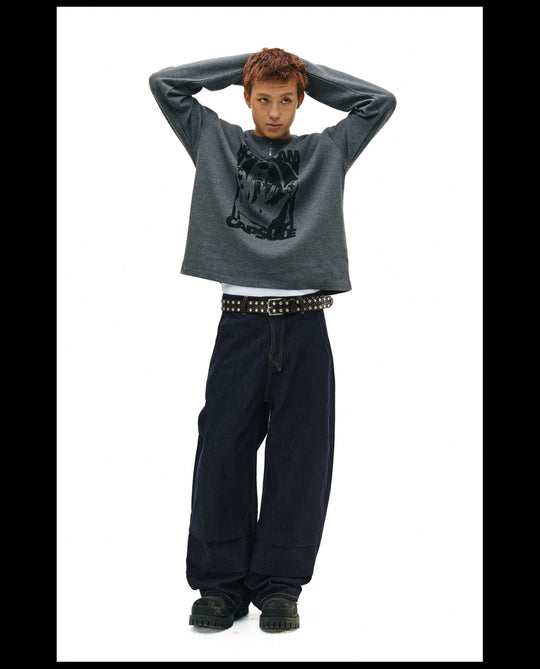 NOVACAM Waffle Vintage Print Zip Long Sleeve Tee | Face 3 Face