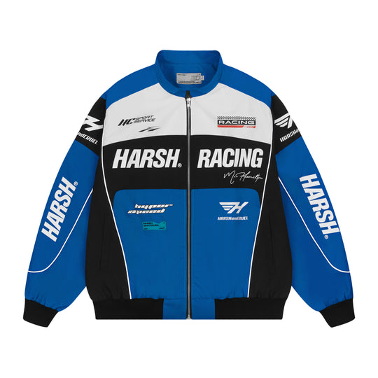Harsh and Cruel Retro Motorcycle Racing Logo Jacket - This stylish jacket evokes the nostalgic atmosphere and powerful design of classic motorcycle racing. With high-quality materials and a bold logo print, it's a striking statement piece that seamlessly integrates into a street-style wardrobe. Versatile for spring and fall layering, this jacket captures the energy of the racetrack.
