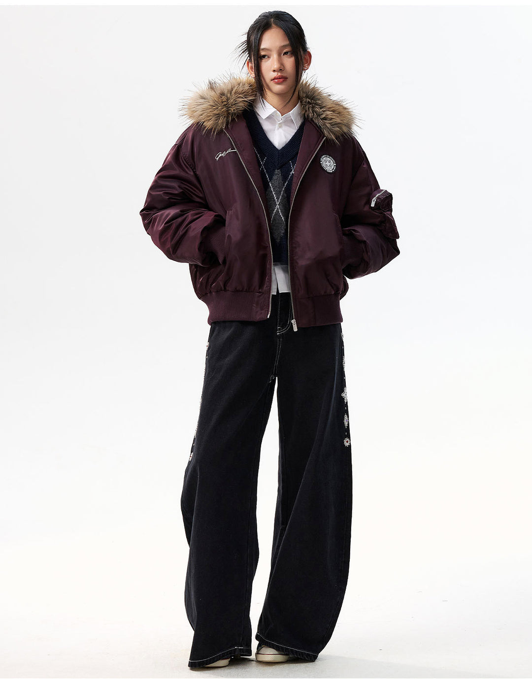 MEDM Silicone Logo Patch Fur Hooded Bomber Jacket | Face 3 Face